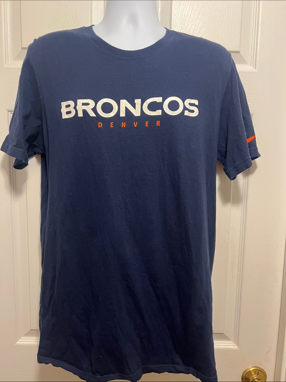 Nike NFL Team Apparel Navy Broncos Denver Short Sleeve Tee with Orange Swoosh